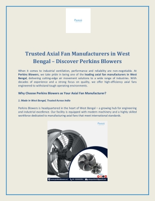 Trusted Axial Fan Manufacturers in West Bengal – Discover Perkins Blowers