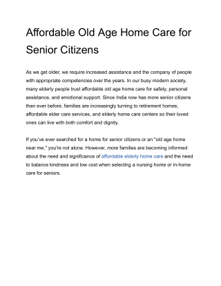 Affordable Old Age Home Care for Senior Citizens