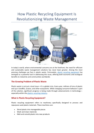 How Plastic Recycling Equipment Is Revolutionizing Waste Management