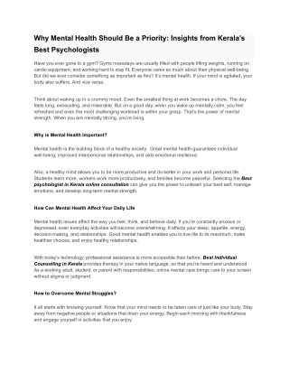 Why Mental Health Should Be a Priority_ Insights from Kerala’s Best Psychologists