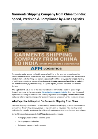 Garments Shipping Company from China to India - Speed, Precision & Compliance by AFM Logistics