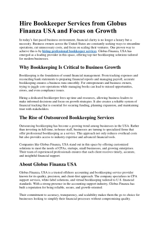 Hire Bookkeeper Services from Globus Finanza, USA and Focus on Growth