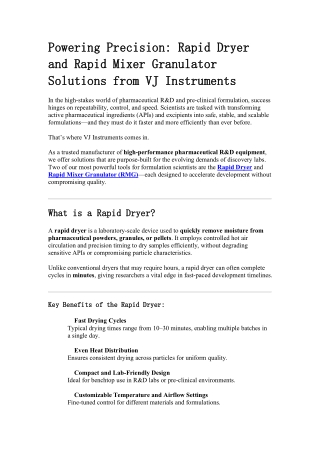 Rapid Dryer and Rapid Mixer Granulator Solutions from VJ Instruments