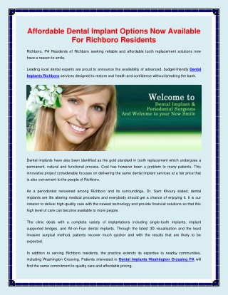 Affordable Dental Implant Options Now Available For Richboro Residents