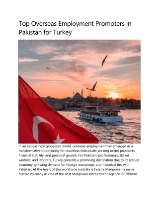 Top Overseas Employment Promoters in Pakistan for Turkey