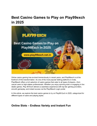Best Casino Games to Play on Play99exch in 2025