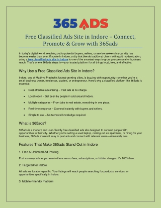 Free Classified Ads Site in Indore – Connect, Promote & Grow with 365ads