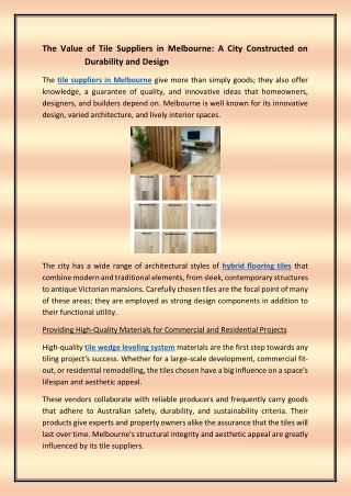 The Value of Tile Suppliers in Melbourne: A City Constructed on Durability and D