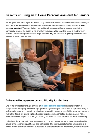 Benefits of Hiring an In Home Personal Assistant for Seniors