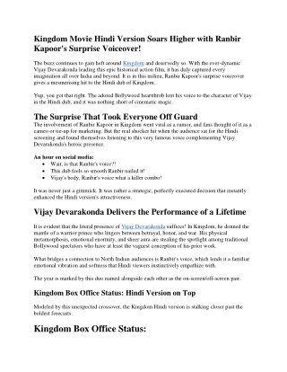 Kingdom Movie Hindi Version Soars Higher with Ranbir Kapoor