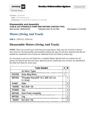Caterpillar Cat 225 EXCAVATOR (Prefix 20S) Service Repair Manual Instant Download