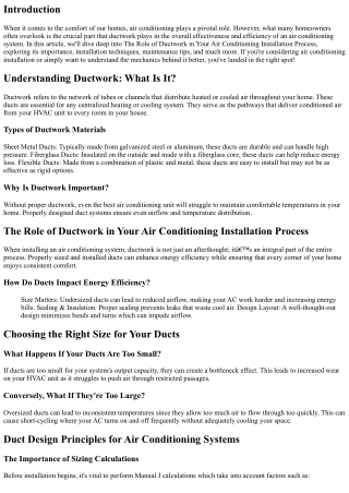 The Role of Ductwork in Your Air Conditioning Installation Process