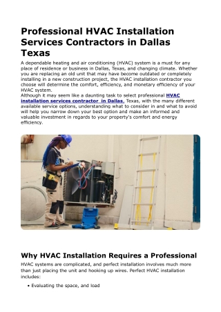 Professional HVAC Installation Services Contractors in Dallas Texas