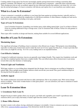 Creating Outdoor Living Spaces: The Benefits of a Lean To Extension with Balcony