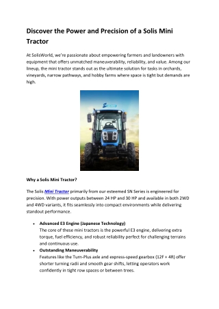Discover the Power and Precision of a Solis Mini Tractor