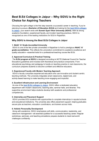 Best B.Ed Colleges in Jaipur – Why SGVU is the Right Choice for Aspiring Teachers