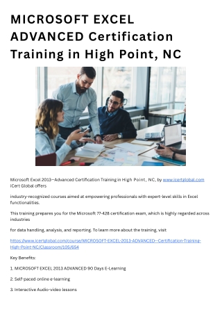 MICROSOFT EXCEL ADVANCED Certification Training in High Point, NC