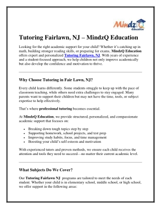 Tutoring Fairlawn NJ – MindzQ Education