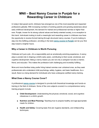 Best Nanny Course in Punjab for a Rewarding Career in Childcare