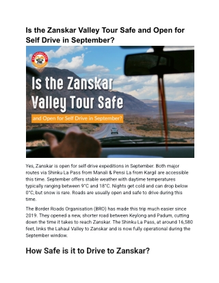 Is the Zanskar Valley Tour Safe and Open for Self Drive in September