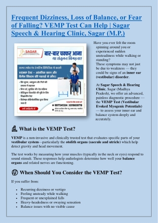 Get VEMP Test at Speech & Hearing Clinic, Sagar