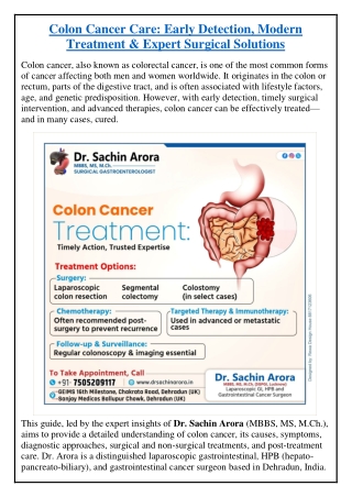 Colon Cancer Care: Early Detection, Modern Treatment & Expert Surgical Solutions