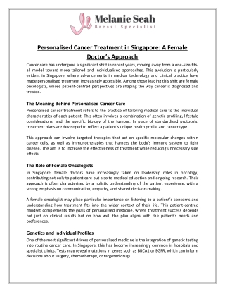 Personalised Cancer Treatment in Singapore A Female Doctor’s Approach