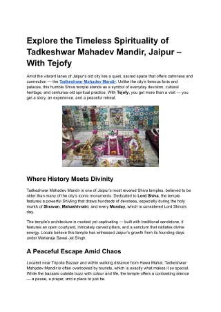 Explore the Timeless Spirituality of Tadkeshwar Mahadev Mandir, Jaipur