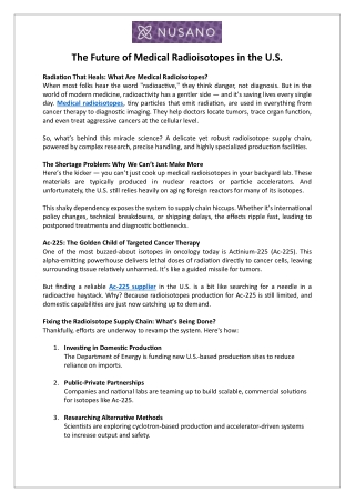 The Future of Medical Radioisotopes in the U.S.