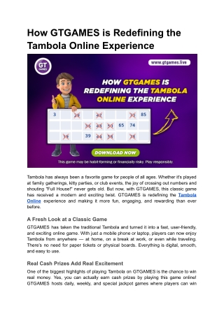 How GTGAMES is Redefining the Tambola Online Experience