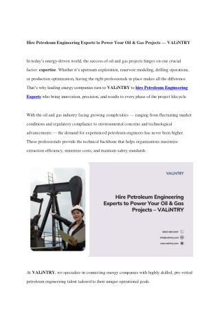 Hire Petroleum Engineering Experts to Power Your Oil & Gas Projects — VALiNTRY