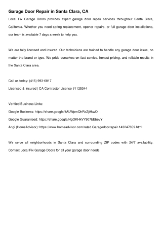 Local Fix Garage Doors Garage_Door_Repair Santa Clara, CA (95050)