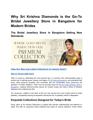 Why Sri Krishna Diamonds is the Go-To Bridal Jewellery Store in Bangalore for Modern Brides