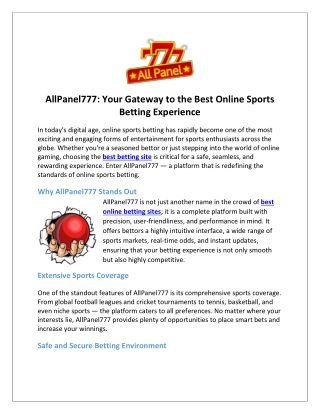 AllPanel777 Your Gateway to the Best Online Sports Betting Experience
