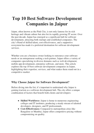 Top 10 Best Software Development Companies in Jaipur