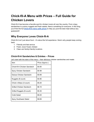 Chick-fil-A menu with prices