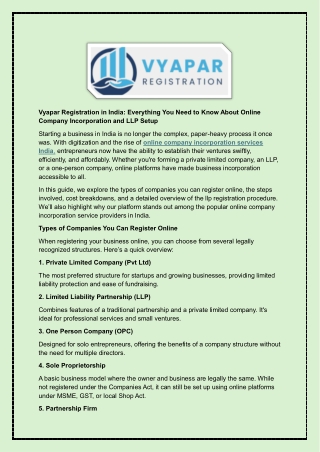 Vyapar Registration in India - Everything You Need to Know About Online Company Incorporation and LLP Setup