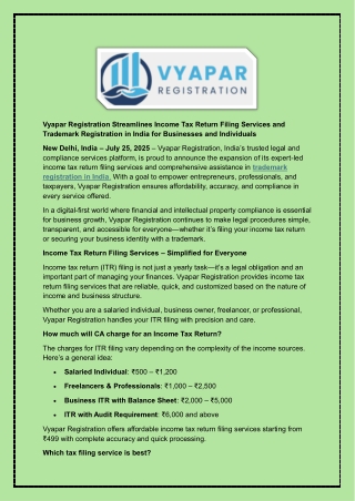 Vyapar Registration Streamlines Income Tax Return Filing Services and Trademark Registration in India for Businesses and