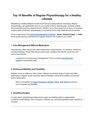 Top 10 Benefits of Regular Physiotherapy for a Healthy Lifestyle