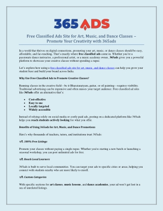 Free Classified Ads Site for Art, Music, and Dance Classes – Promote Your Creati