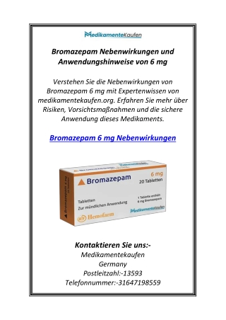 Bromazepam Nebenwirkungen und Anwendungshinweise von 6 mg
