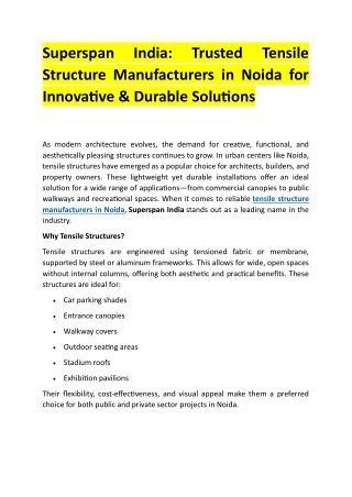 Superspan India - Trusted Tensile Structure Manufacturers in Noida for Innovative & Durable Solutions