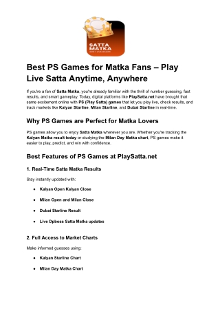 Best PS Games for Matka Fans – Play Live Satta Anytime, Anywhere