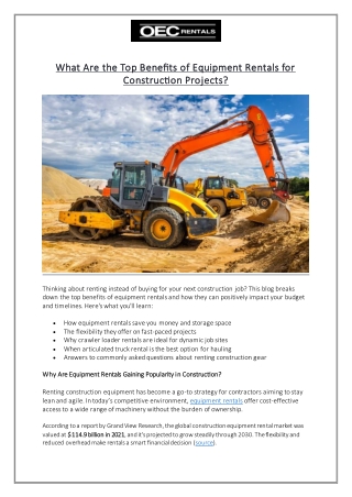 What Are the Top Benefits of Equipment Rentals for Construction Projects?