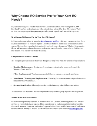 Why Choose RO Service Pro for Your Kent RO Needs