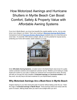 How Motorized Awnings and Hurricane Shutters in Myrtle Beach Can Boost Comfort, Safety & Property Value with Affordable