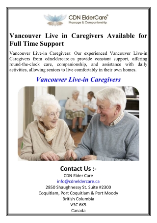 Vancouver Live in Caregivers Available for Full Time Support