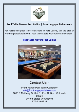 Pool Table Movers Fort Collins  Frontrangepooltables.com