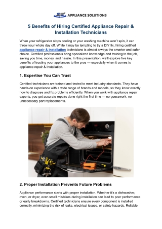 5 Benefits of Hiring Certified Appliance Repair & Installation Technicians