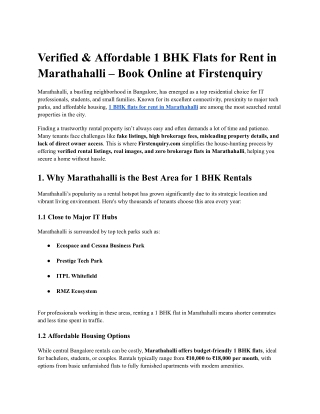 1 BHK Flats for Rent in Marathahalli